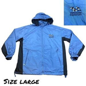 Vancouver Aquarium Hooded Rain Jacket Full Zip Blue BC Canada Orca Whale LARGE
